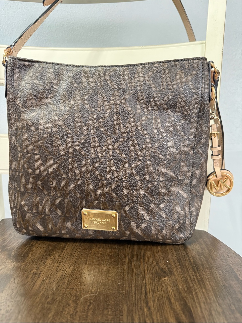 Michael Kors Brown and Tan Monogram Shoulder Bag with Gold Charm